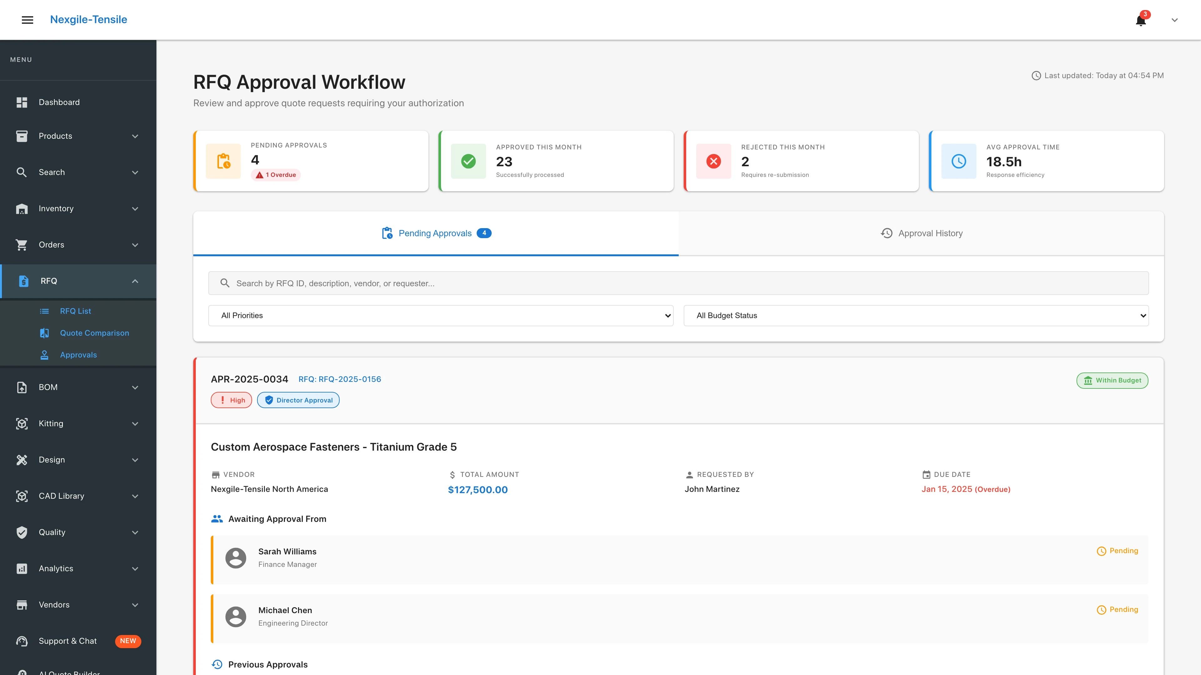 RFQ Approvals page - Multi-level approval workflow management for quote requests
