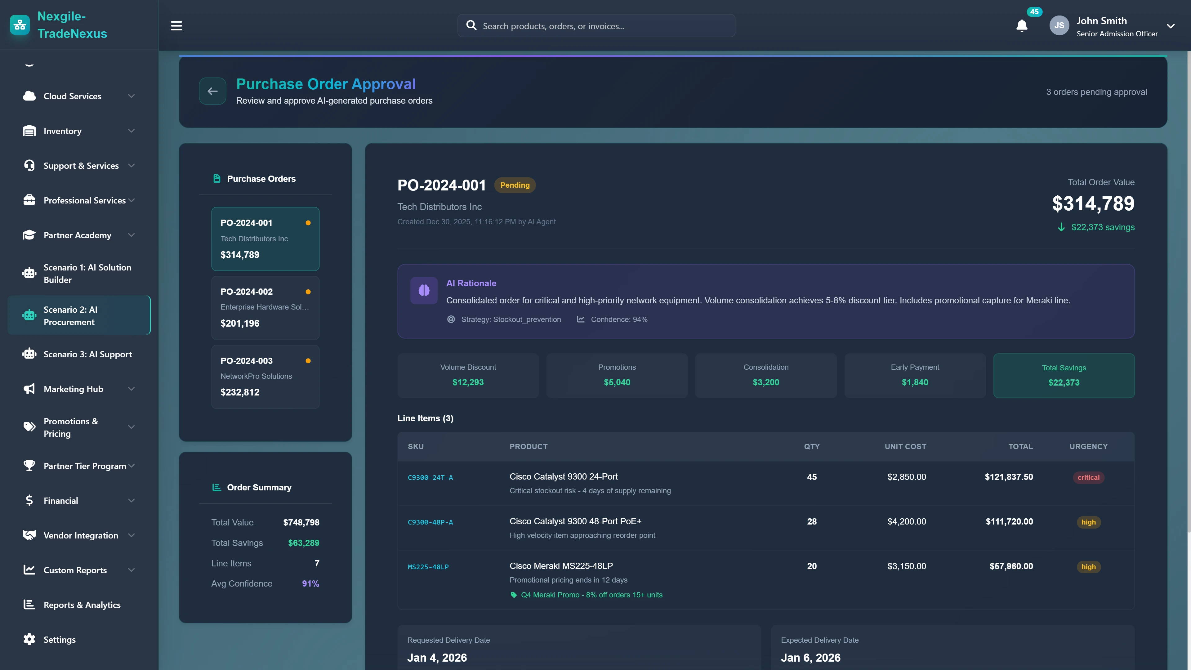 Purchase Order Approval - AI rationale with savings breakdown, line items, urgency indicators, and approval workflow