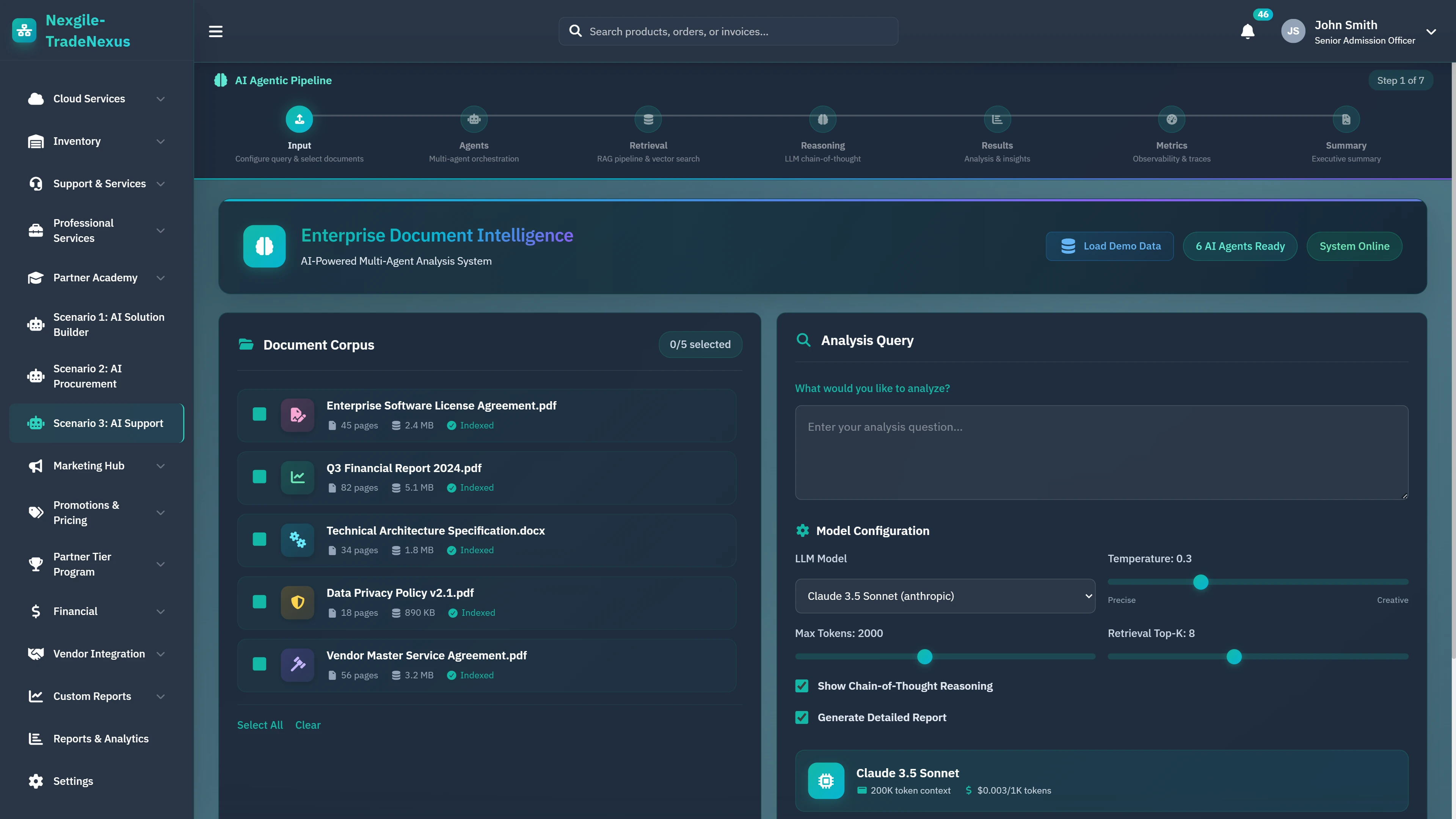 Enterprise Document Intelligence - Document corpus selection, analysis query input, and LLM model configuration panel