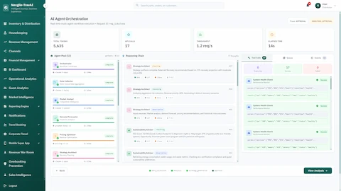 AI Agent Orchestration showing real-time multi-agent workflow with completed agents, reasoning chain, and system health monitoring.