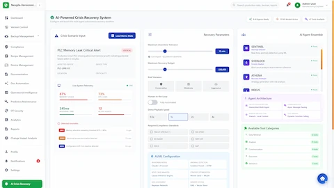 Crisis recovery configuration interface displaying PLC memory leak scenario with live telemetry, 8-agent ensemble, and compliance parameters