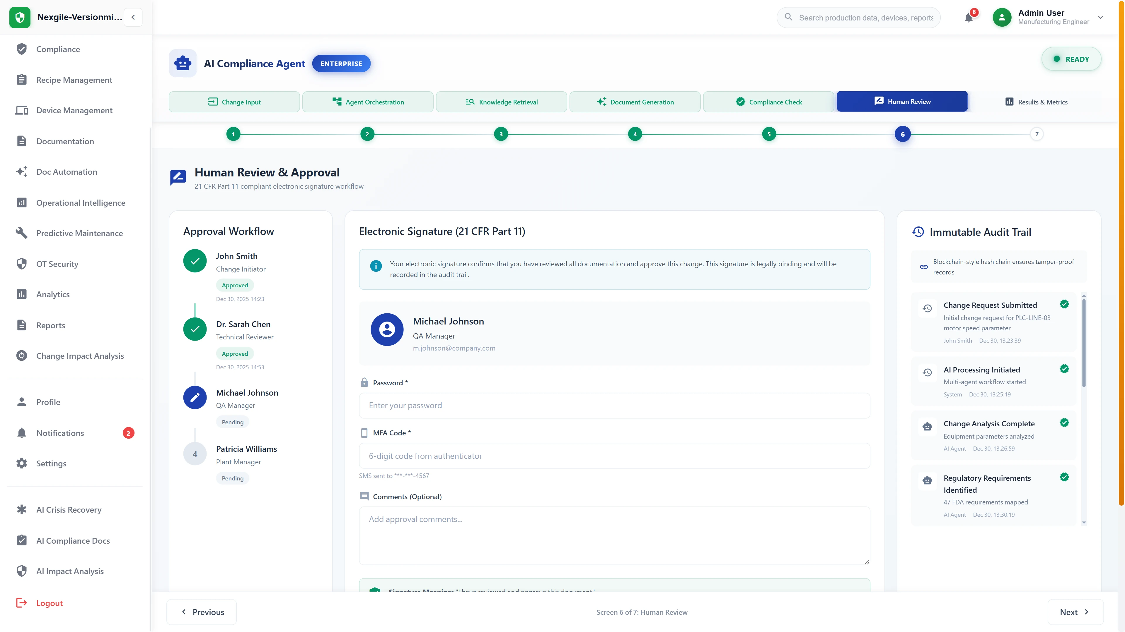 FDA 21 CFR Part 11 compliant electronic signature workflow with multi-level approval and immutable blockchain-style audit trail