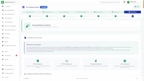 Completion summary showing 96% time reduction (60-80 hours to 2-3 hours) and 100% regulatory compliance achievement