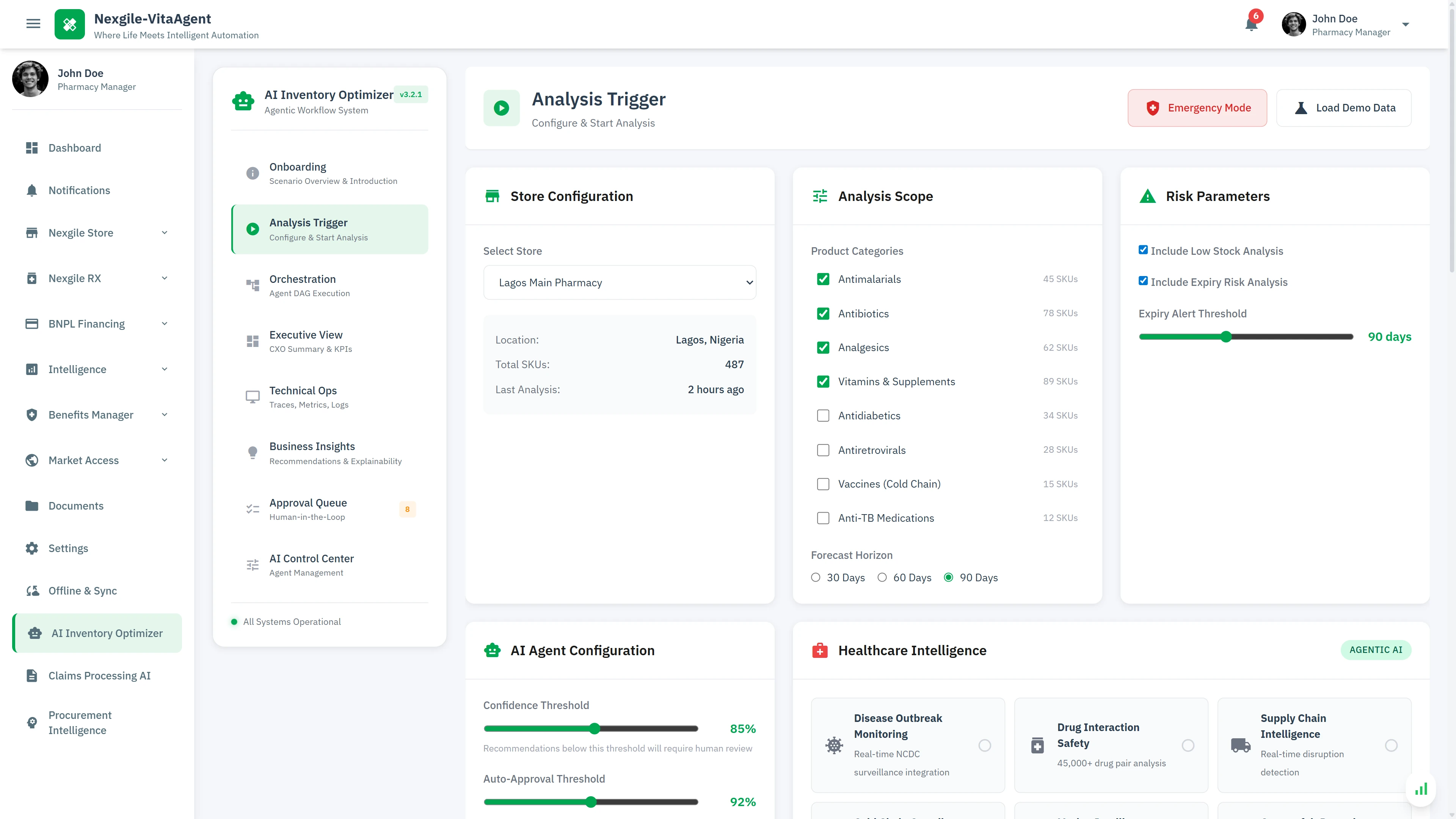 Analysis Trigger - Configure inventory analysis scope with product categories, risk parameters, and AI agent confidence thresholds for intelligent decision-making