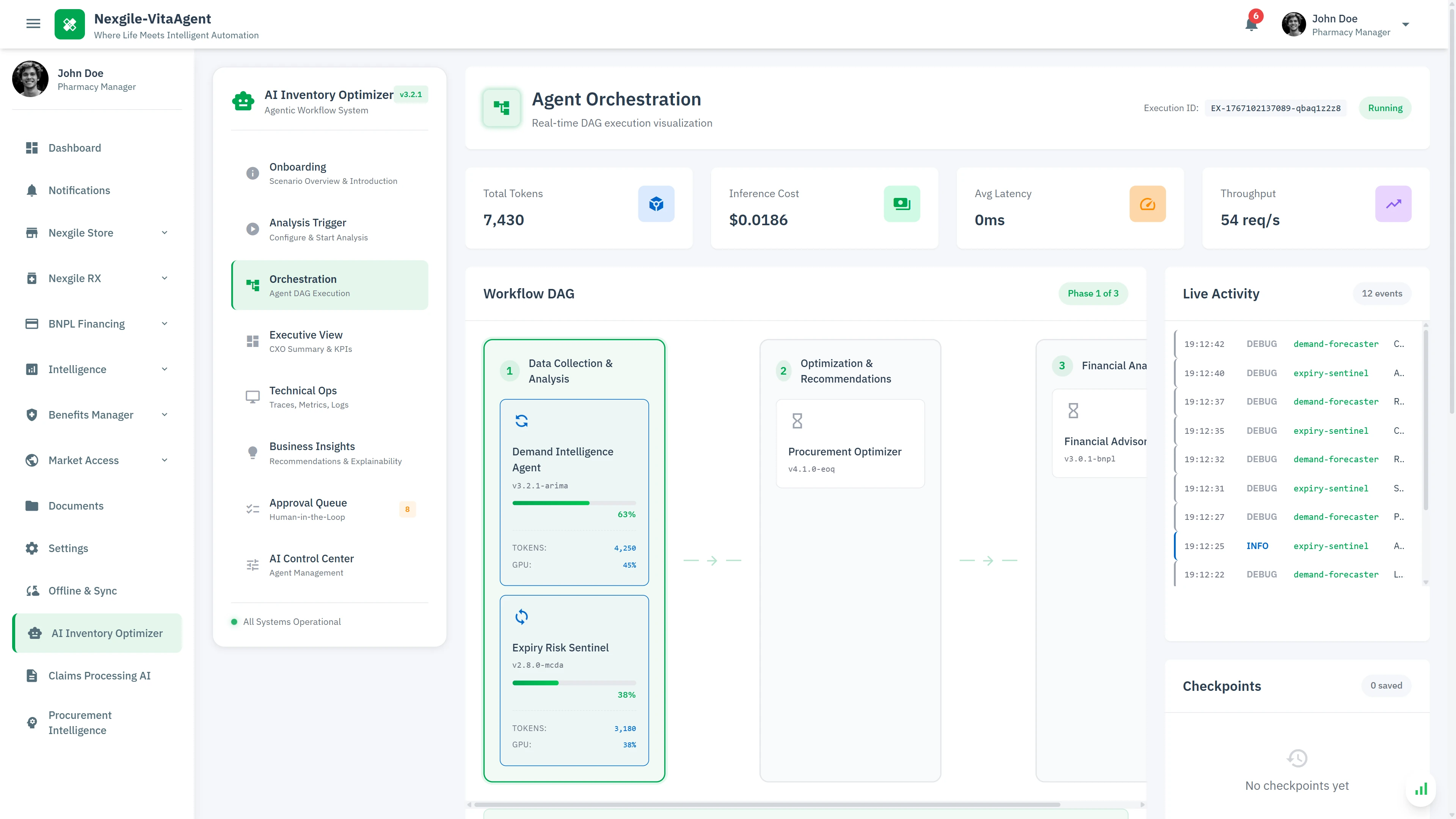 Agent Orchestration - Real-time DAG execution visualization showing parallel agent processing across data collection, optimization, and financial analysis phases
