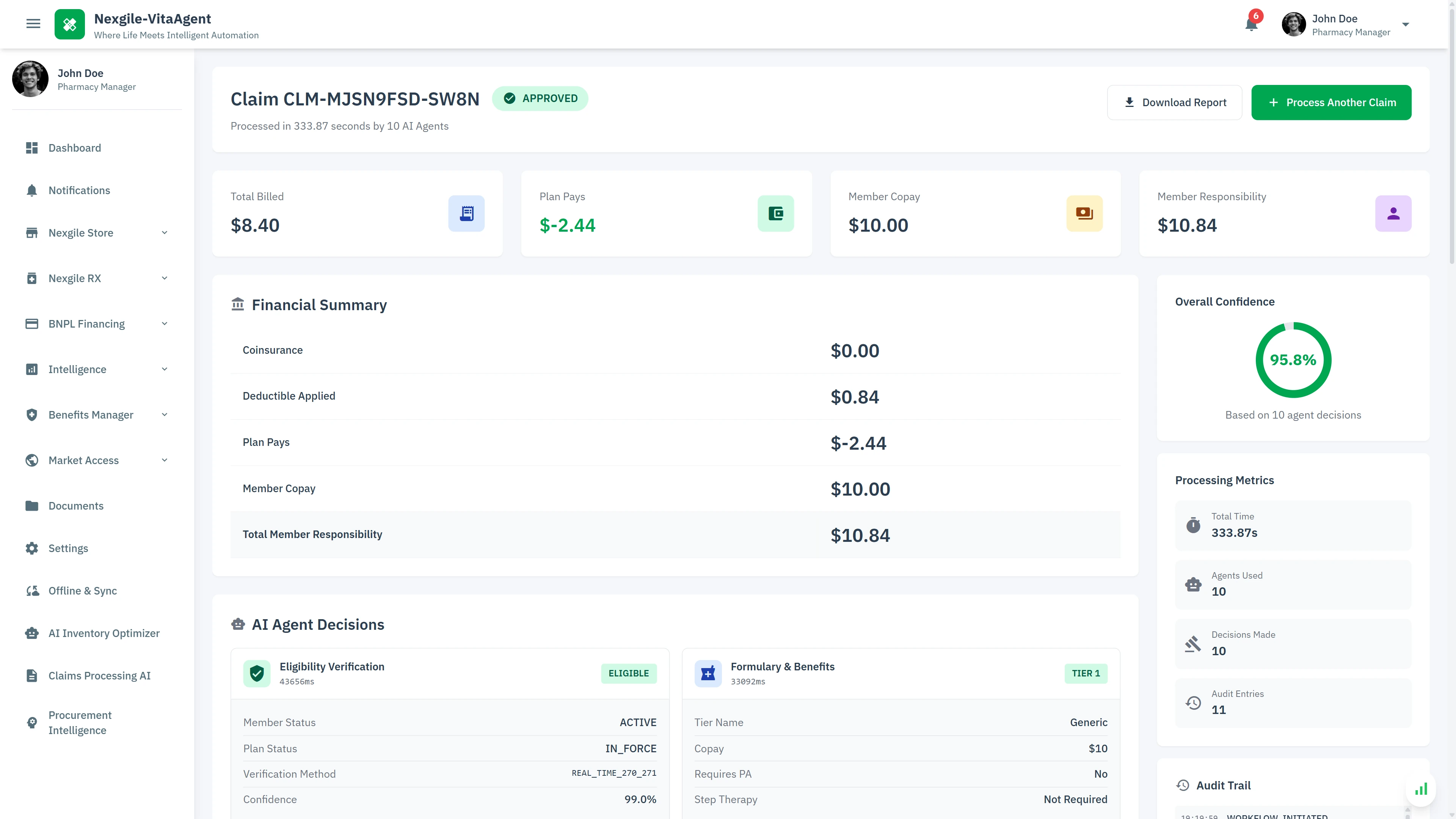 Claim Adjudication - Final approval decision with complete financial breakdown, 95.8% confidence score, detailed agent decisions, and processing metrics audit trail