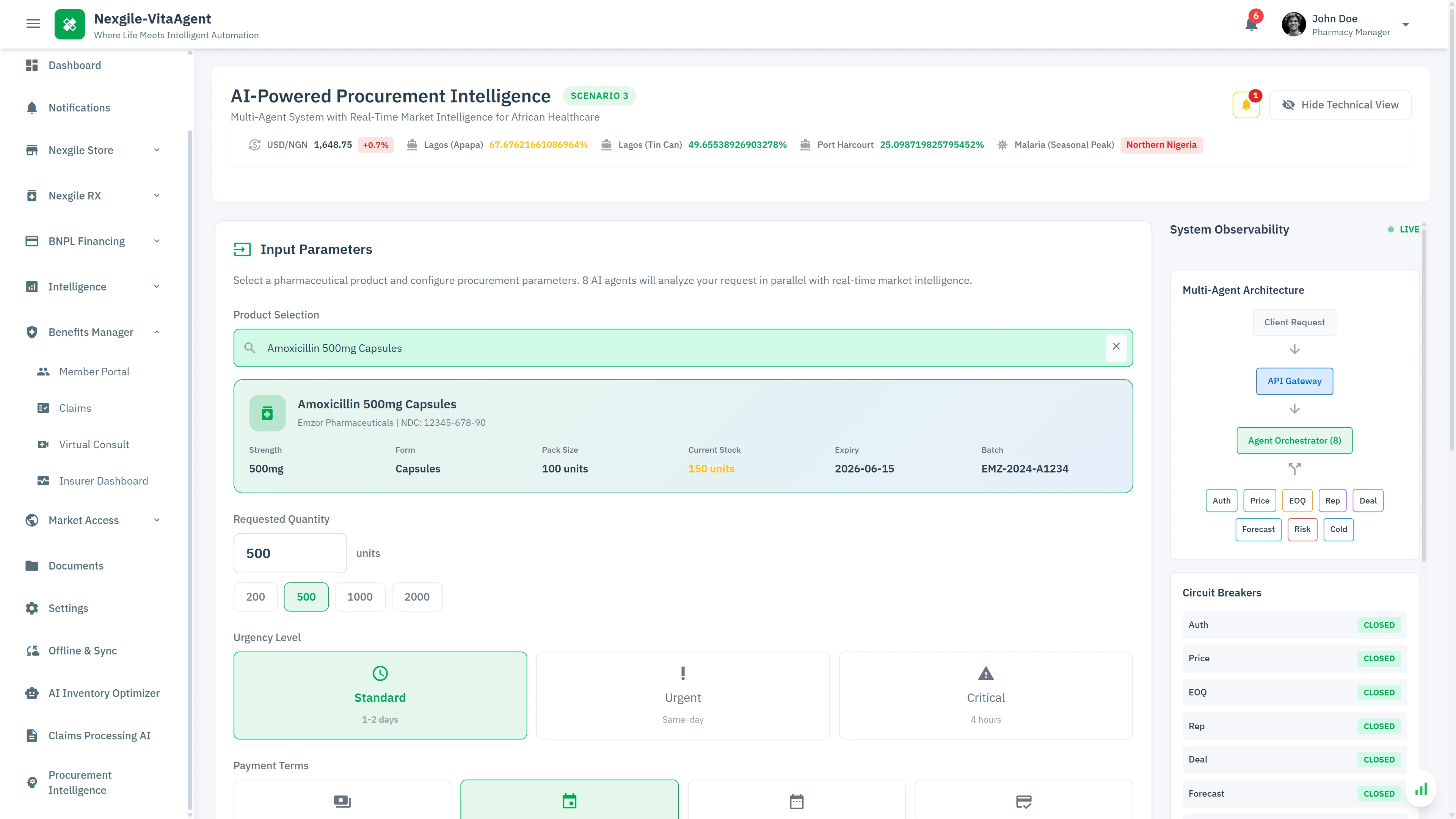 Procurement Configuration - Product selection with real-time market intelligence including exchange rates, port status, and disease outbreak monitoring for informed procurement decisions