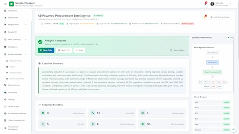Analysis Complete - Comprehensive executive summary showing optimal supplier identification, cost savings projection, blockchain verification results, and 7.8x parallel speedup achieved