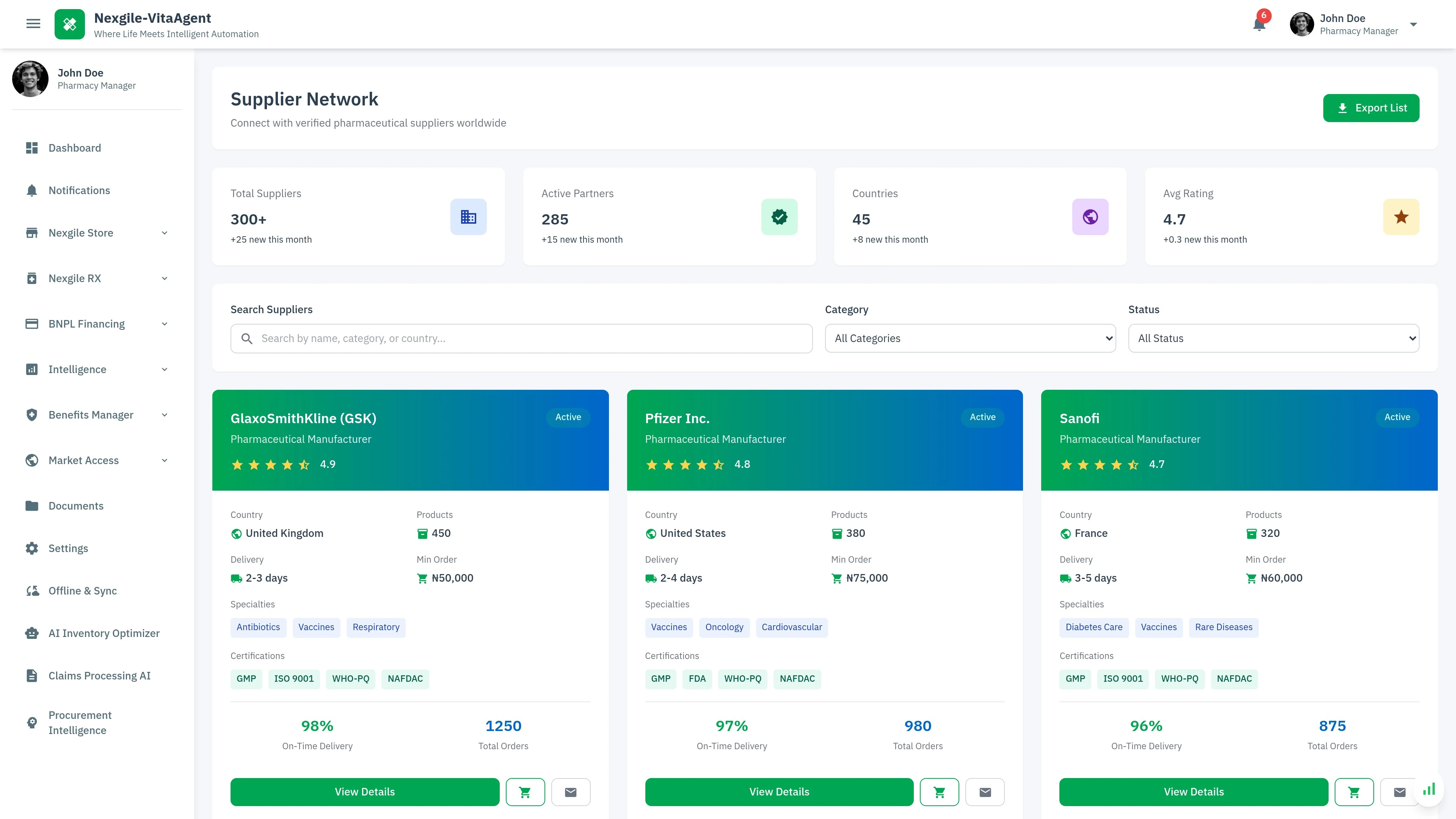 Supplier Management - Nexgile Store pharmaceutical supplier directory and relationship management