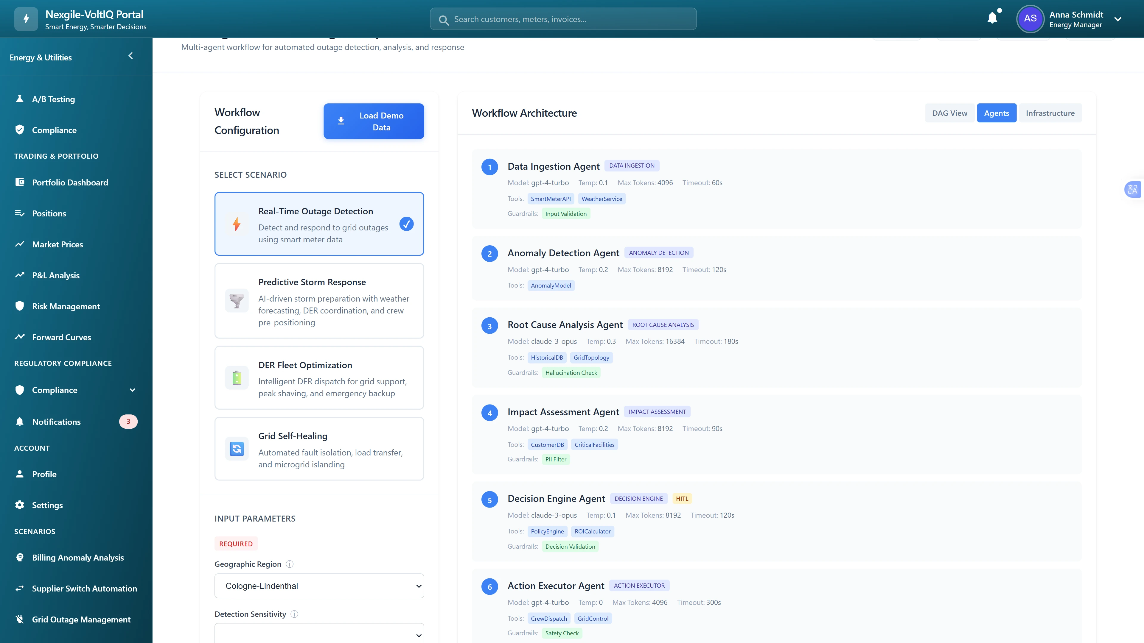 Workflow configuration with scenario selection and multi-agent architecture for outage management