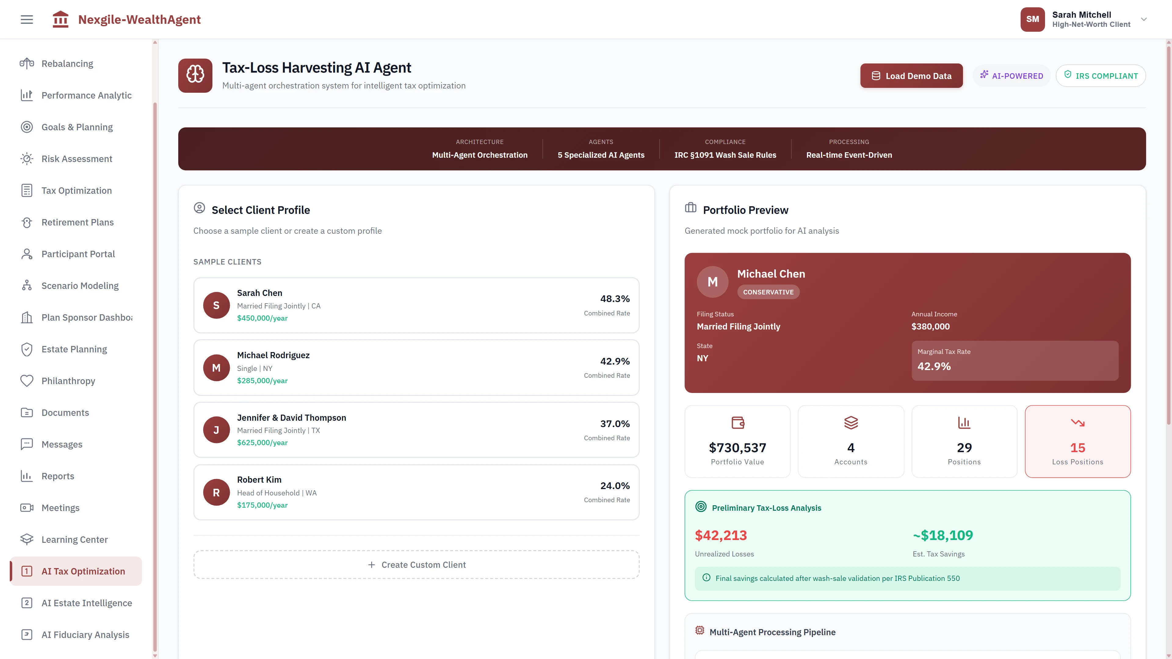 Tax-Loss Harvesting AI Agent dashboard with client profile selection, portfolio preview showing sample clients with tax rates, account positions, loss positions, and preliminary tax-loss analysis with estimated savings calculated per IRS Publication 550
