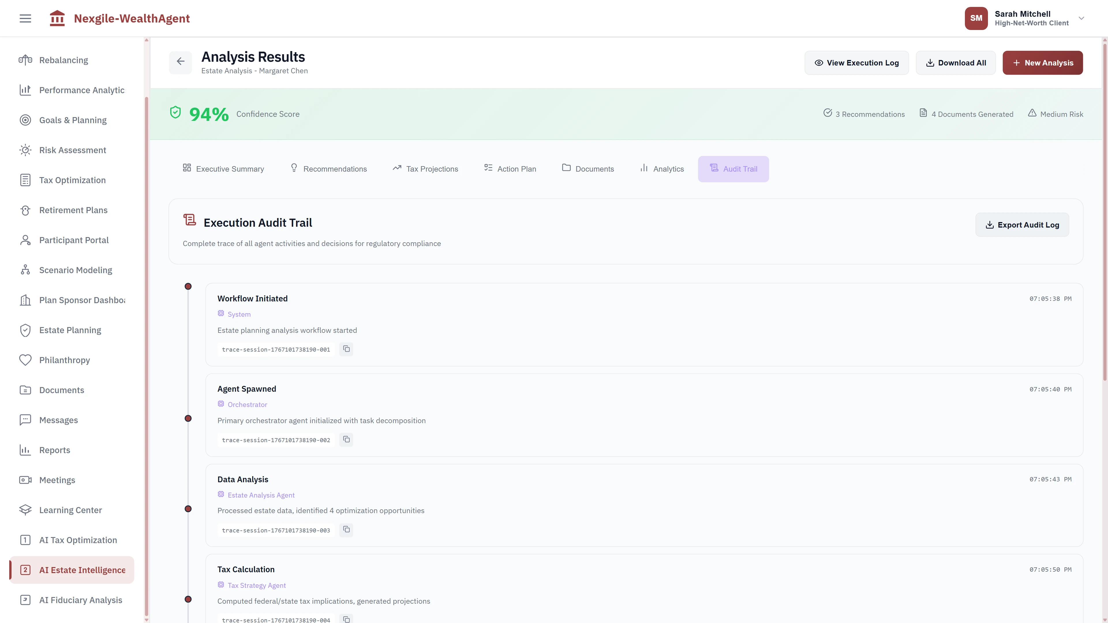 Execution Audit Trail providing complete regulatory compliance trace of all agent activities and decisions, including workflow initiation, orchestrator agent spawning, estate data analysis with optimization opportunities identified, and tax calculations with federal/state projections timestamped for audit purposes