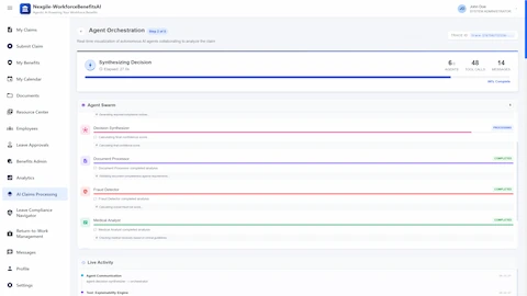 Agent Orchestration Dashboard - Real-time visualization of 8 AI agents collaborating to analyze disability claims, showing Decision Synthesizer, Document Processor, Fraud Detector, and Medical Analyst with live activity feed and progress tracking