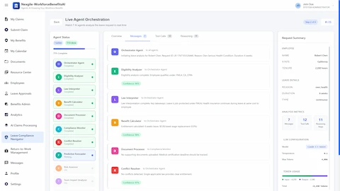 Live Agent Orchestration - Real-time view of 13 AI agents analyzing leave request with message feed showing Orchestrator, Eligibility Analyzer, Law Interpreter, Benefit Calculator, and Conflict Resolver coordinating multi-jurisdictional FMLA/CA_CFRA analysis