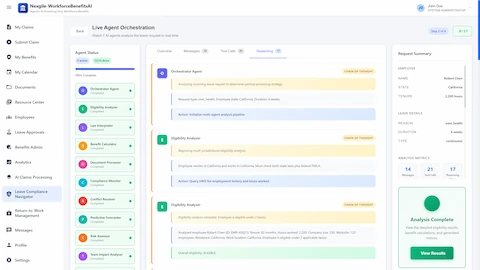 Chain of Thought Reasoning View - Detailed reasoning trace showing agent thought processes, multi-jurisdictional eligibility analysis for California state and federal FMLA laws, and HRIS query actions with 100% completion status
