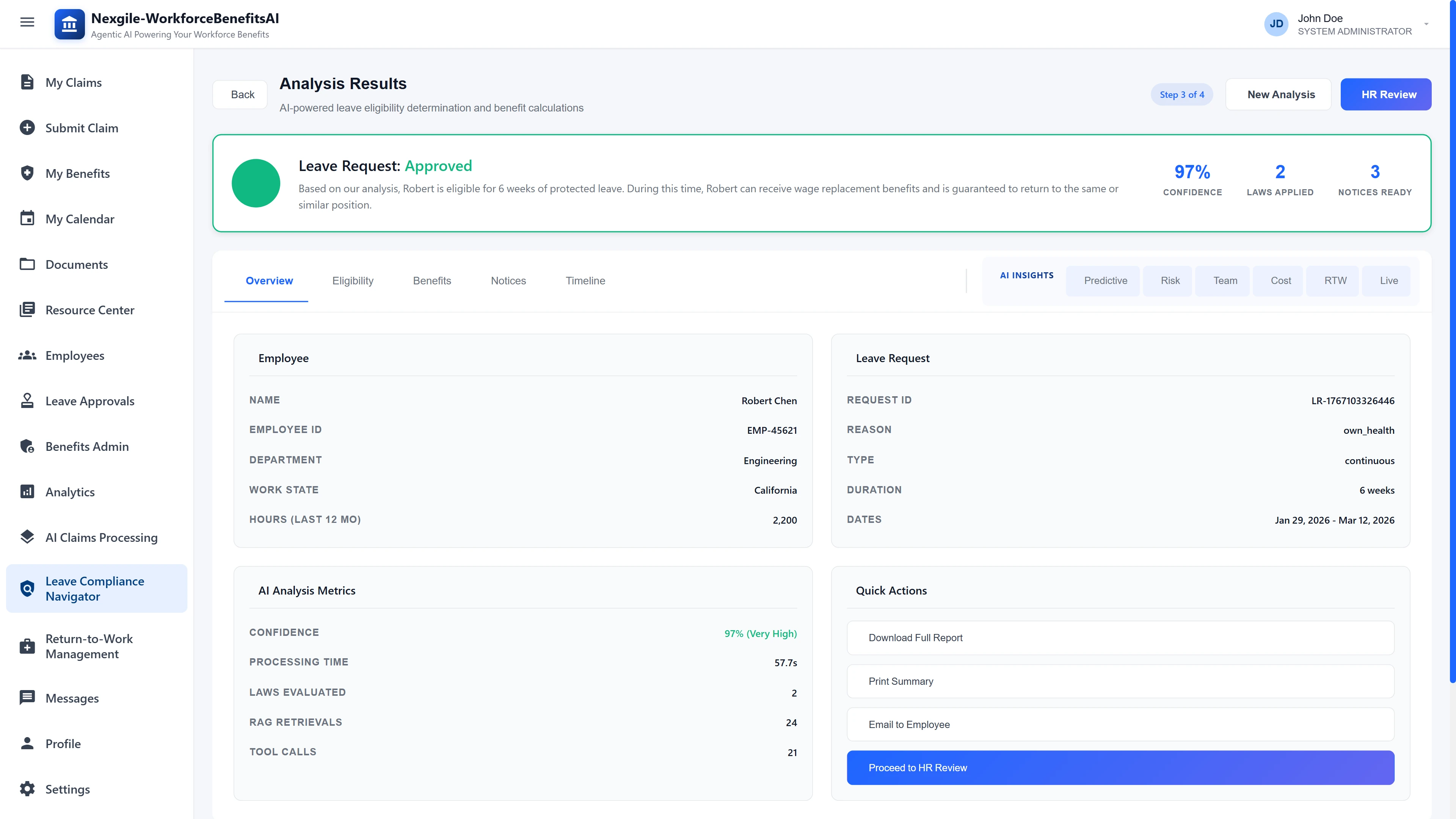 Analysis Results Dashboard - AI-powered leave eligibility determination showing approved status with 97% confidence, employee details, AI analysis metrics including 57.7s processing time, 2 laws evaluated, 24 RAG retrievals, and 21 tool calls
