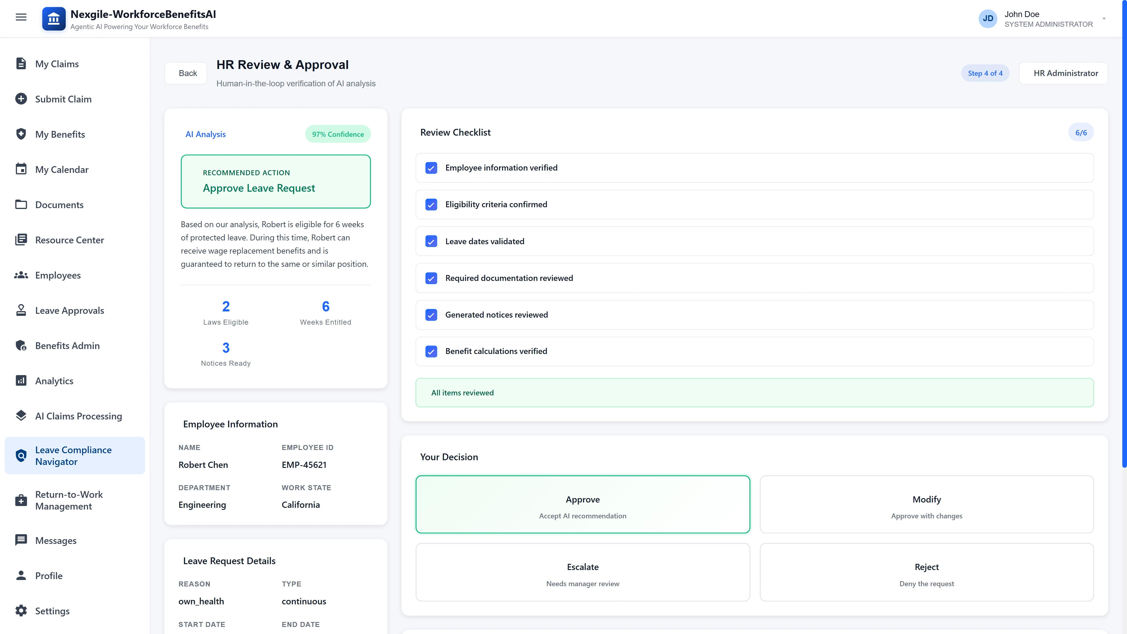 HR Review & Approval Interface - Human-in-the-loop verification screen with 97% AI confidence, 6-point review checklist, employee information panel, and decision options (Approve, Modify, Escalate, Reject) for final leave request authorization